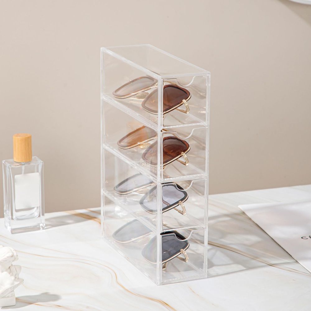 Drawer Organizer Tray - Sonnenbrillen-Aufbewahrungsbox, Acryl-Brillenorganizer, Make-up-Aufbewahrungsschublade, 4-lagiges transparentes Sonnenbrillenetui