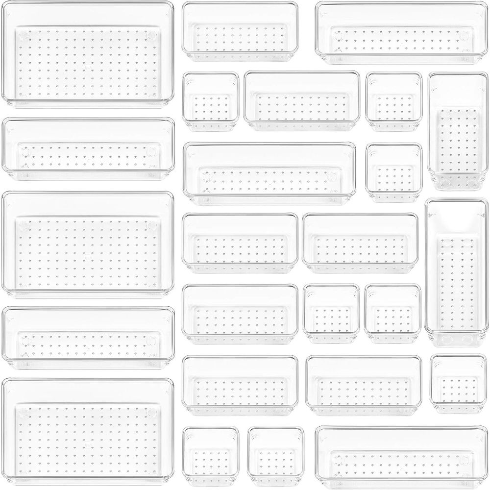 Drawer Organizer Tray - 25-teiliges Set durchsichtiger Kunststoff-Schubladenorganizer, 4 Größen