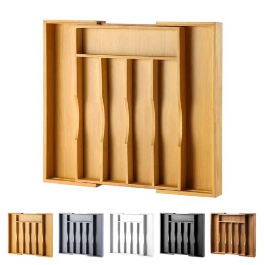Drawer Organizer Tray - Erweiterbarer Bambus-Küchenschubladenorganizer für Besteck und Utensilien,