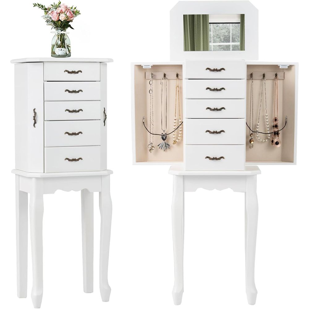 Drawer Organizer Tray - Weißer Stehender Schmuckschrank mit Spiegel, Aufbewahrungsfach,