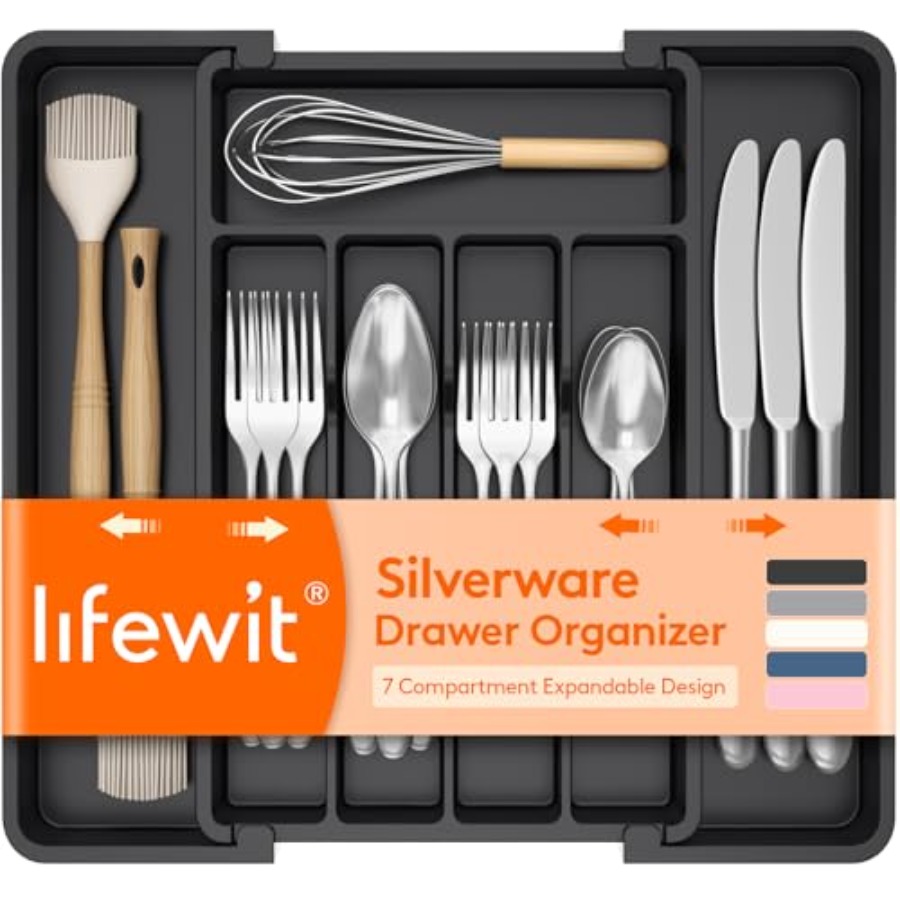 Drawer Organizer Tray - Erweiterbarer Besteckorganizer, Kunststoff-Besteckkasten für Küchenschubladen, BPA-freier